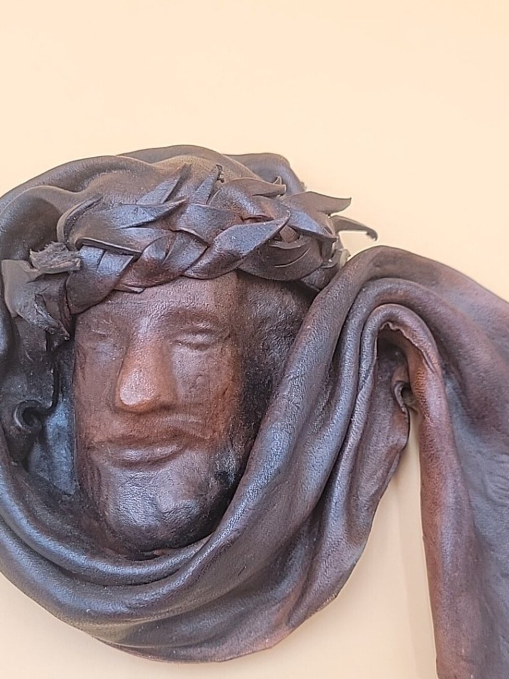 VTG 3D Tooled Leather Jesus Face Wall Hanging Art Costa Rica Religious Folk Art - Picture 2 of 8